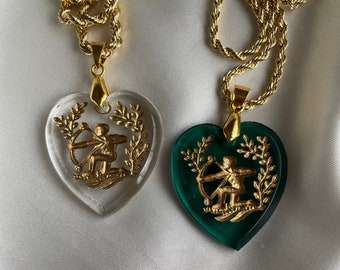 Gold Plated Sagittarius Glass Intaglio Heart Pendant Necklace, Vintage Zodiac Horoscope Pendant