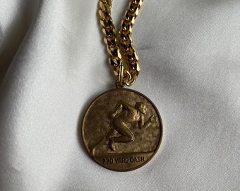 Vintage Gold Sports Medallion Pendant Necklace, Gold Runner 220 Yard Dash Pendant, Gold Plated Chain