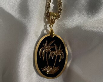 Black Gold Glass Intaglio Palm Tree Necklace, Vintage German Glass Pendant, Gold Plated Chain