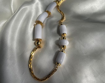 Vintage Gold Tone Box Chain Necklace with White Beads, Retro Costume Jewelry