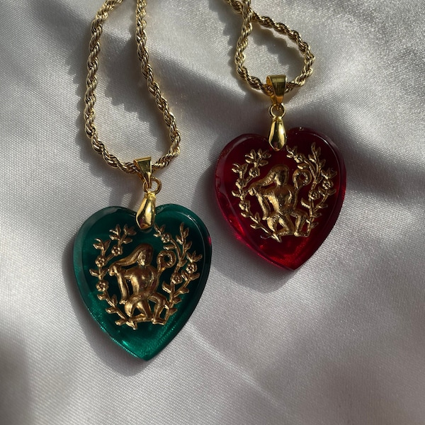 Gold Virgo Glass Intaglio Heart Pendant Necklace, Vintage Zodiac Horoscope Pendant