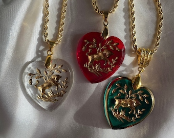 Gold Taurus Glass Intaglio Heart Pendant Necklace, Vintage Zodiac Horoscope Pendant