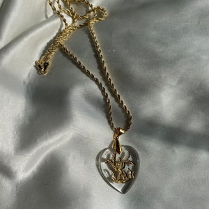 Gold Aquarius Glass Intaglio Heart Pendant Necklace, Vintage Zodiac Horoscope Pendant image 2
