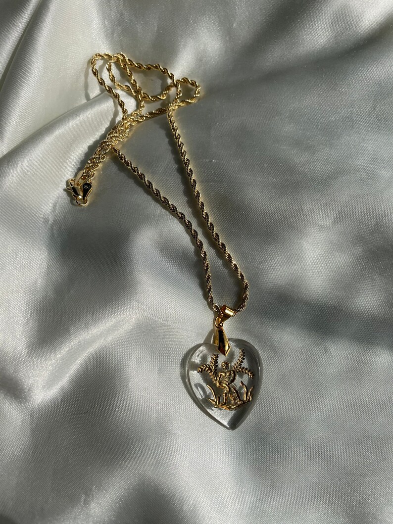 Gold Aquarius Glass Intaglio Heart Pendant Necklace, Vintage Zodiac Horoscope Pendant image 2