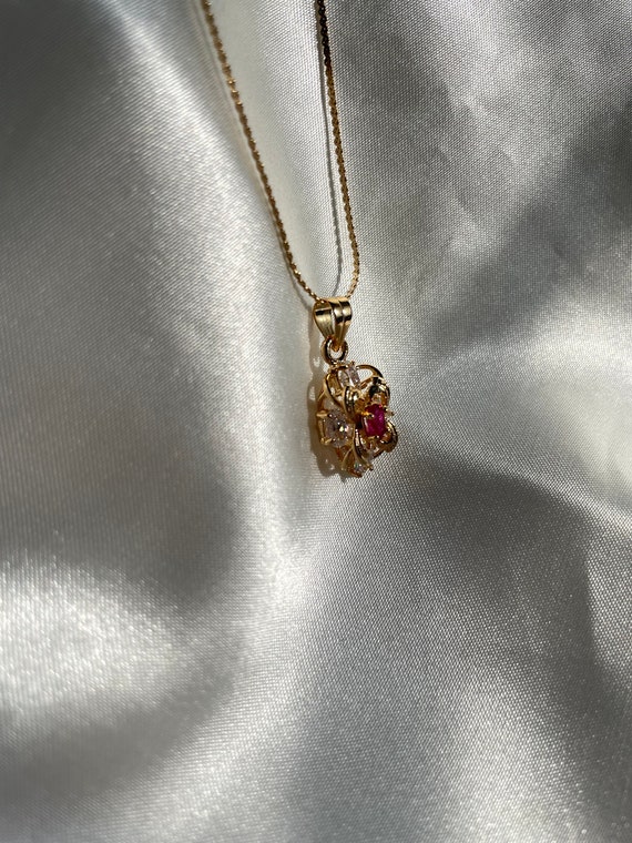 Vintage Gold Plated Pink Rhinestone Flower Neckla… - image 5