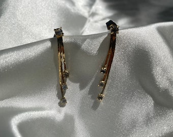 Small Vintage Gold Tone Rhinestone Tassel Earrings, Retro Costume Jewelry