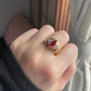 Chunky Vintage Gold Plated Red Rhinestone Ring, Vintage Cocktail Ring, Size 6, 9, 9.75, 10 image 3