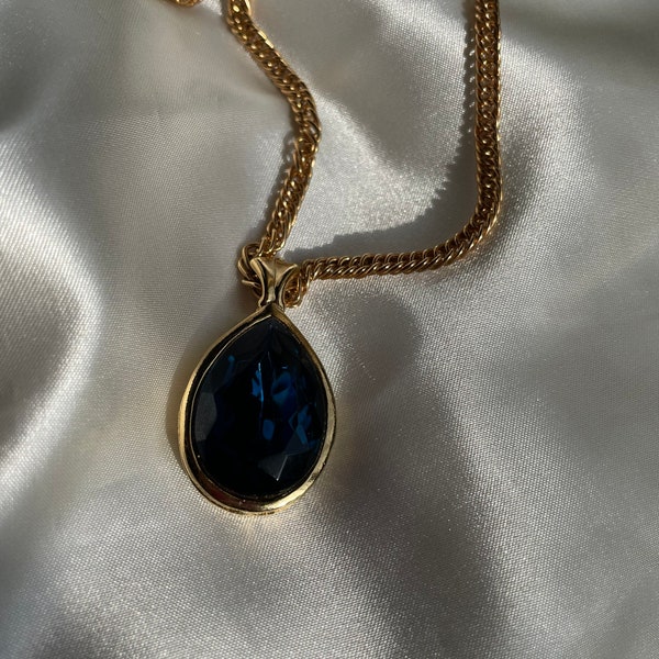 Vintage Gold Tone Blue Rhinestone Necklace, Old Hollywood Costume Jewelry