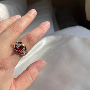 Chunky Vintage Gold Plated Red Rhinestone Ring, Vintage Cocktail Ring, Size 6, 9, 9.75, 10 image 10