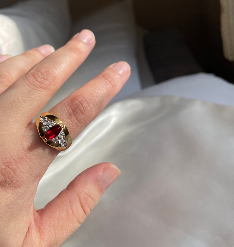 Chunky Vintage Gold Plated Red Rhinestone Ring, Vintage Cocktail Ring, Size 6, 9, 9.75, 10 image 10