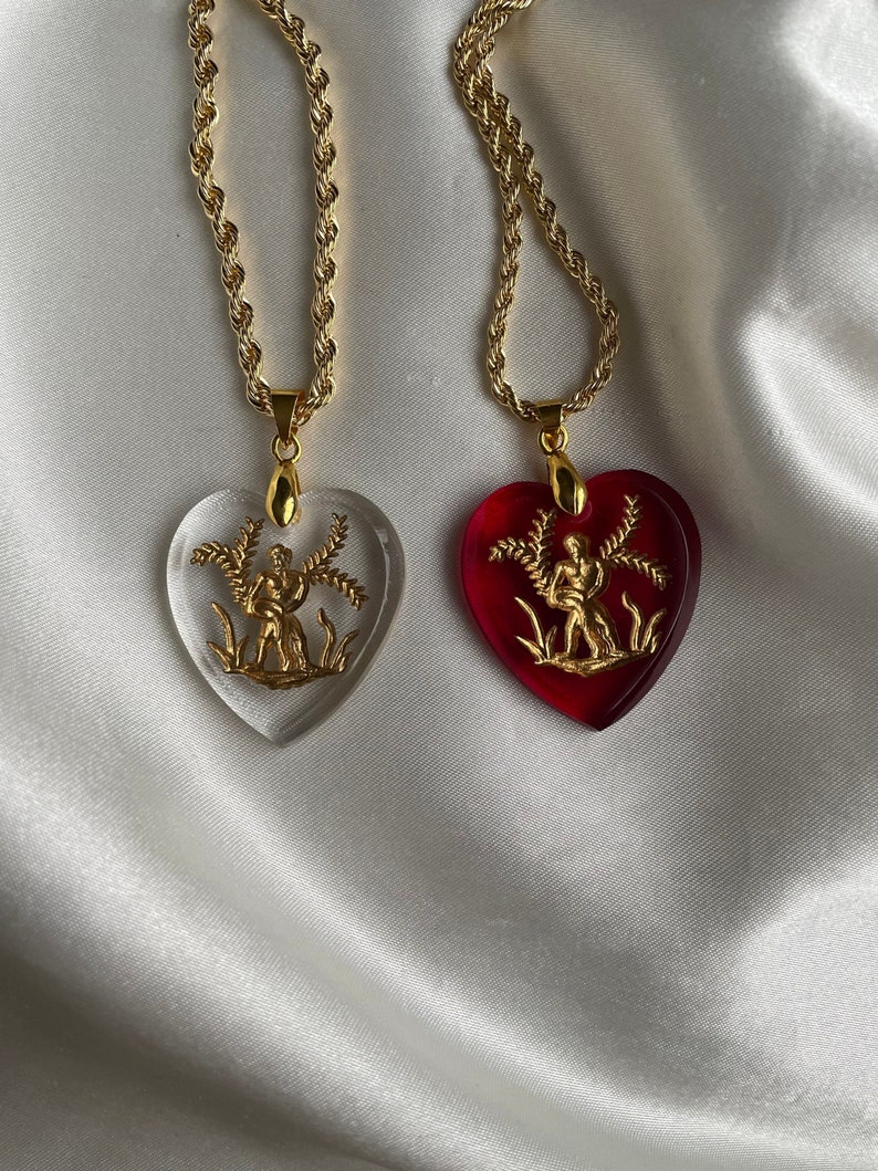 Gold Aquarius Glass Intaglio Heart Pendant Necklace, Vintage Zodiac Horoscope Pendant image 8