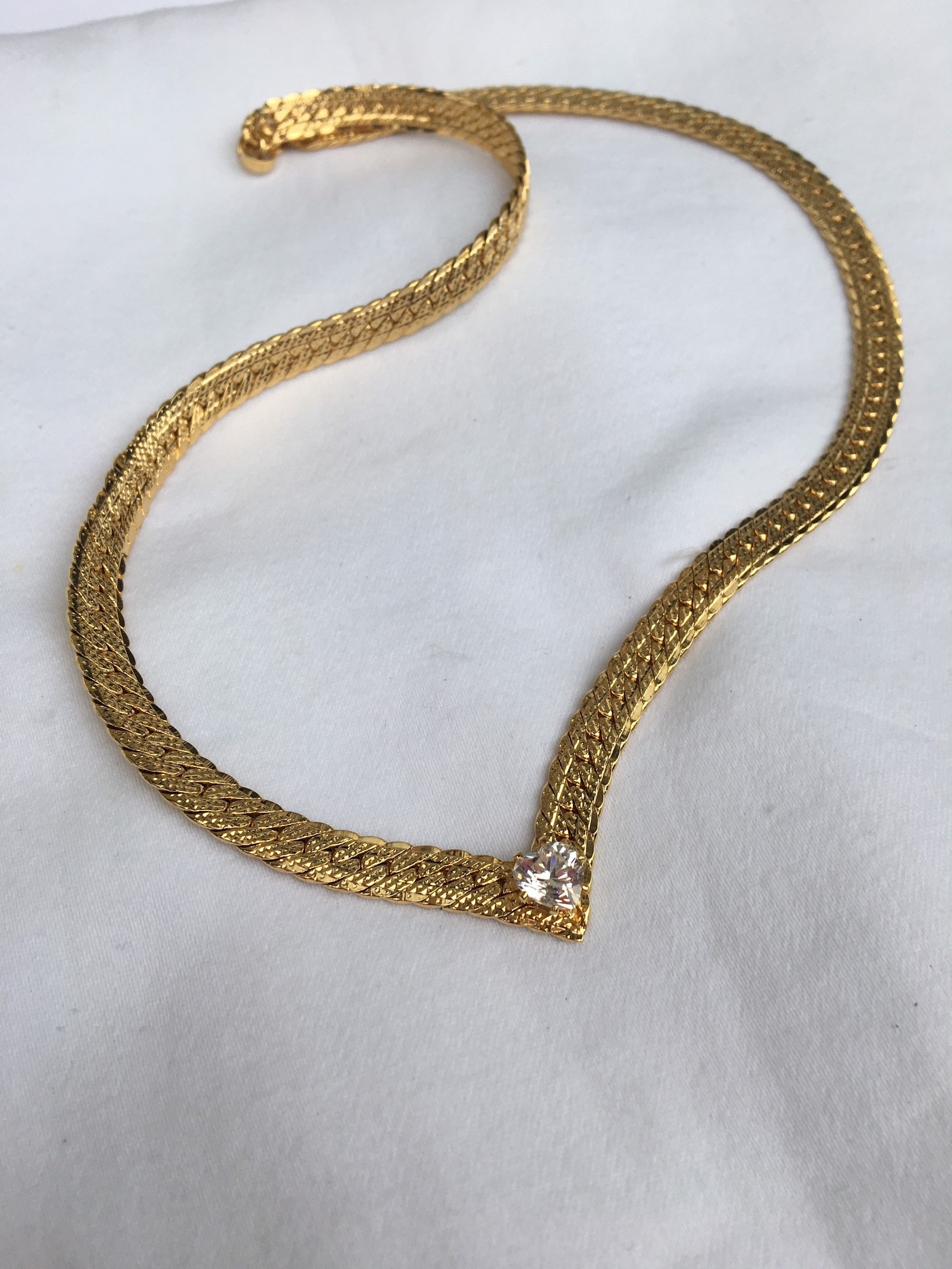 Vintage Gold Chevron V Herringbone Necklace with Heart Etsy
