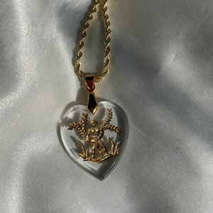 Gold Aquarius Glass Intaglio Heart Pendant Necklace, Vintage Zodiac Horoscope Pendant image 5