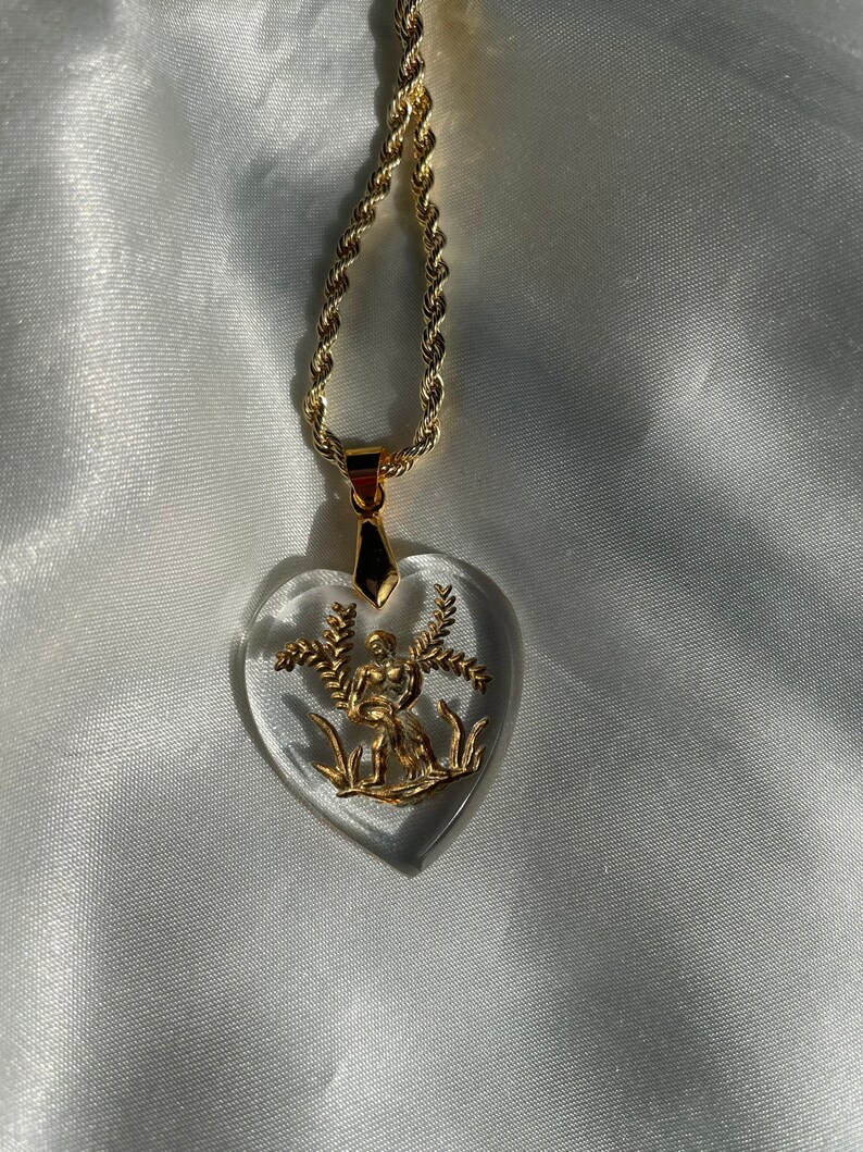 Gold Aquarius Glass Intaglio Heart Pendant Necklace, Vintage Zodiac Horoscope Pendant image 5