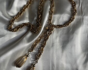 Chunky Vintage Gold Tone Slider Lariat Necklace, Retro Costume Jewelry