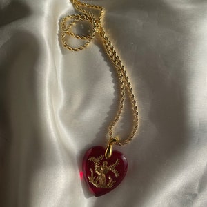 Gold Aquarius Glass Intaglio Heart Pendant Necklace, Vintage Zodiac Horoscope Pendant image 3