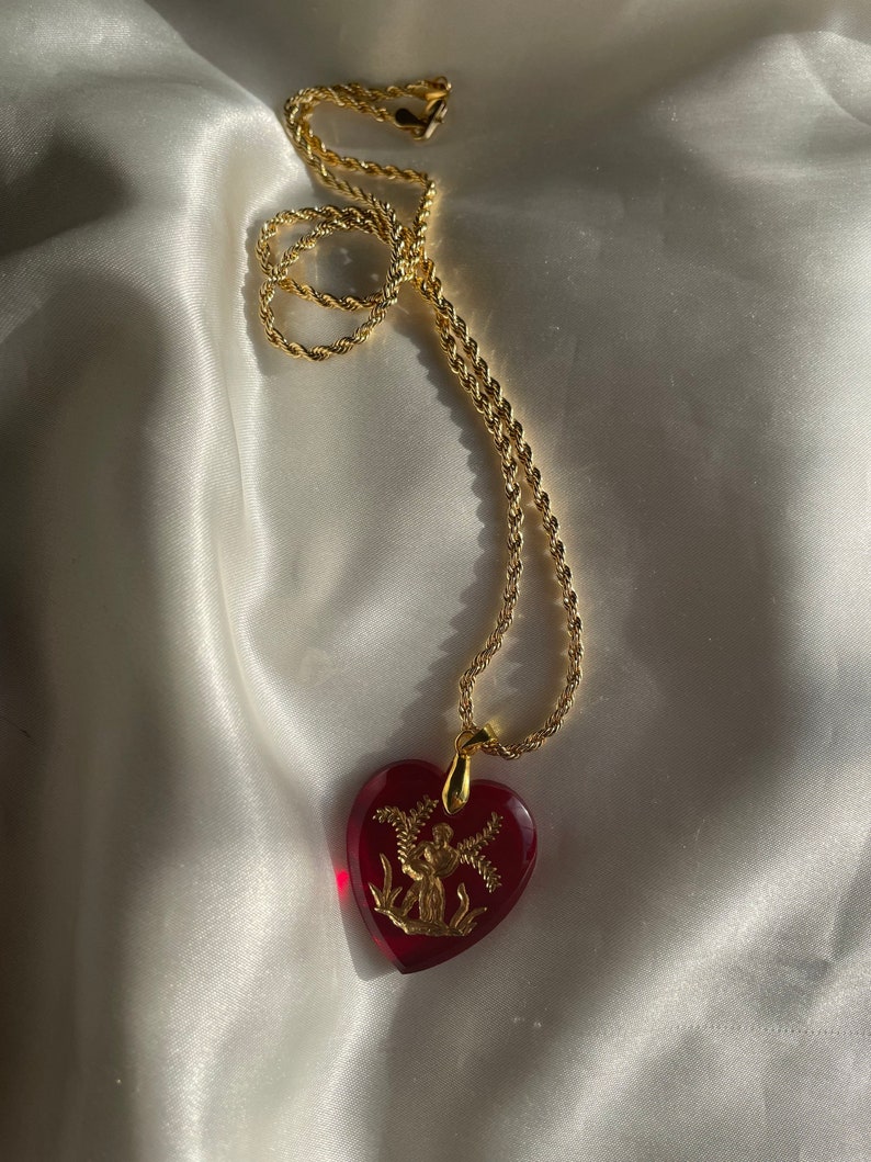 Gold Aquarius Glass Intaglio Heart Pendant Necklace, Vintage Zodiac Horoscope Pendant image 3