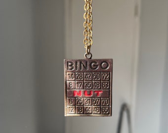 Vintage Gold Tone Bingo Necklace, Retro Costume Jewelry, Gamer Jewelry