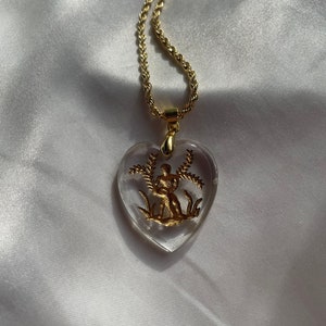 Gold Aquarius Glass Intaglio Heart Pendant Necklace, Vintage Zodiac Horoscope Pendant image 9