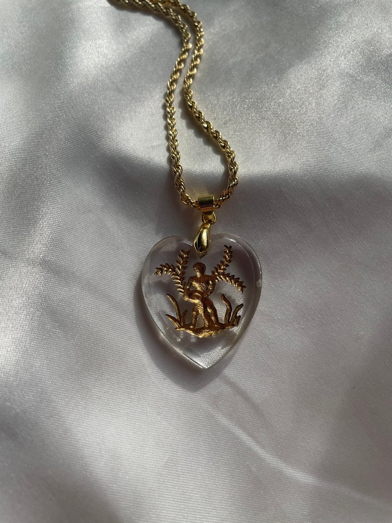 Gold Aquarius Glass Intaglio Heart Pendant Necklace, Vintage Zodiac Horoscope Pendant image 9