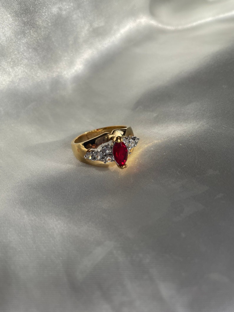 Chunky Vintage Gold Plated Red Rhinestone Ring, Vintage Cocktail Ring, Size 6, 9, 9.75, 10 image 9