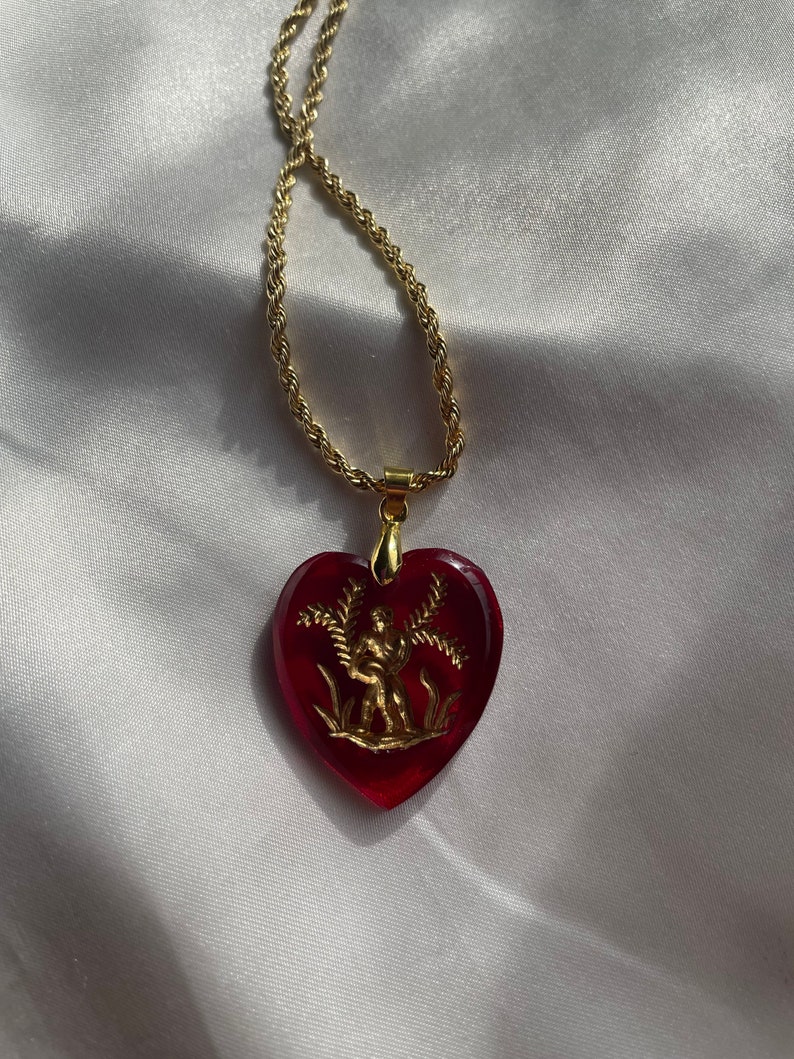 Gold Aquarius Glass Intaglio Heart Pendant Necklace, Vintage Zodiac Horoscope Pendant image 7