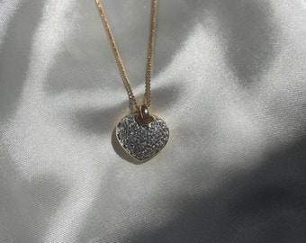 Vintage Gold Plated Puffy Rhinestone Heart Necklace, Vintage Costume Jewelry