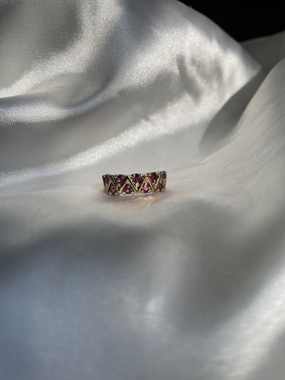 Vintage Gold Plated Red Rhinestone Ring, Retro Co… - image 5