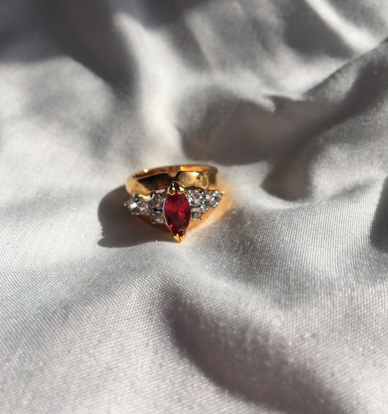 Chunky Vintage Gold Plated Red Rhinestone Ring, Vintage Cocktail Ring, Size 6, 9, 9.75, 10 image 6