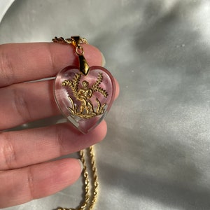 Gold Aquarius Glass Intaglio Heart Pendant Necklace, Vintage Zodiac Horoscope Pendant image 4