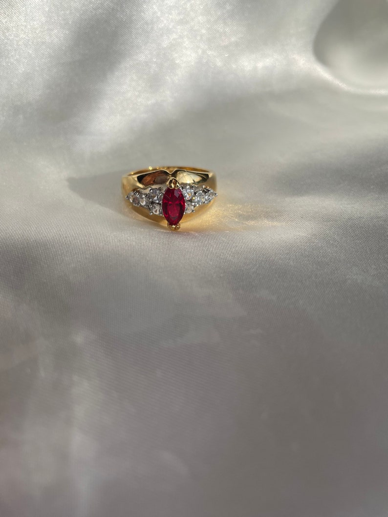 Chunky Vintage Gold Plated Red Rhinestone Ring, Vintage Cocktail Ring, Size 6, 9, 9.75, 10 image 7