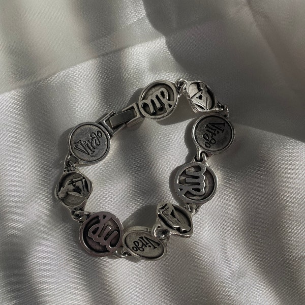 Vintage Silver Tone Pewter Virgo Bracelet, Vintage Zodiac Horoscope