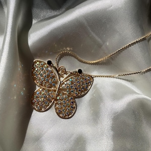 Vintage Gold Tone Rhinestone Butterfly Necklace, Vintage Bug Insect Jewelry