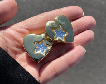 Chunky Vintage Gold Tone Heart Star Clipon Earrings, Retro Costume Jewelry