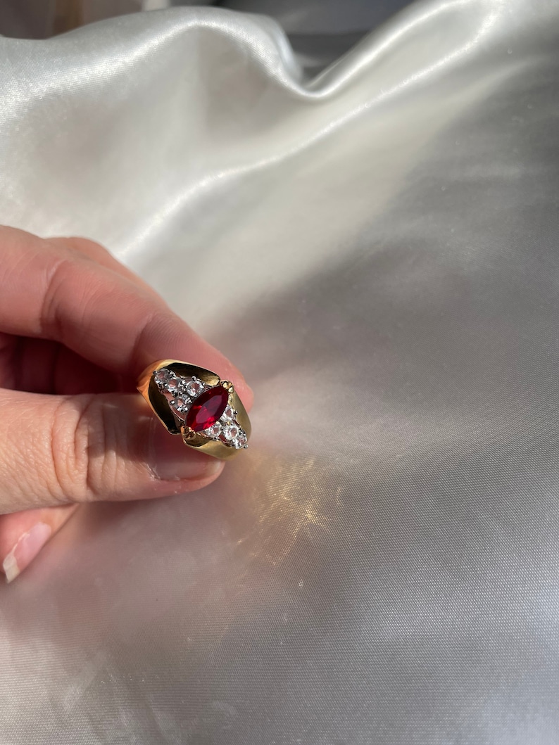 Chunky Vintage Gold Plated Red Rhinestone Ring, Vintage Cocktail Ring, Size 6, 9, 9.75, 10 image 4