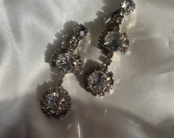 Vintage Silver Tone Rhinestone Clipon Earrings, Retro Costume Jewelry