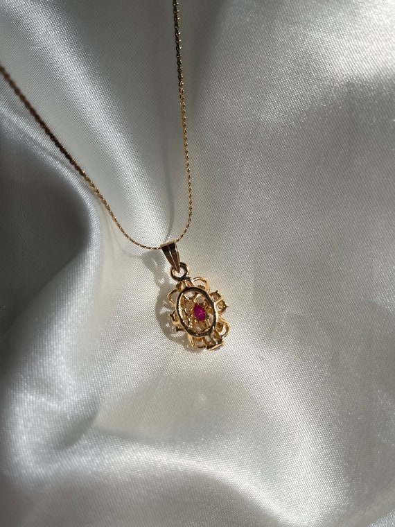 Vintage Gold Plated Pink Rhinestone Flower Neckla… - image 6