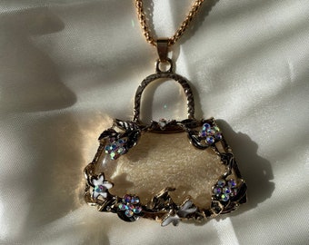 Vintage Betsey Johnson Purse Handbag Gold Tone Necklace, Retro Costume Jewelry