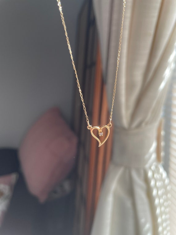 Vintage 14K Yellow Gold Diamond Heart Necklace, Fi