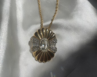 Vintage Gold Plated Rhinestone Pendant Necklace, Retro Costume Jewelry