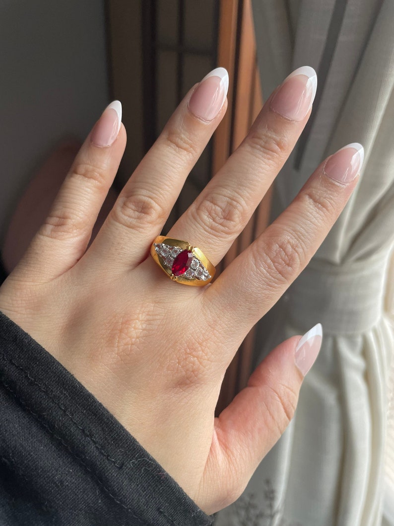 Chunky Vintage Gold Plated Red Rhinestone Ring, Vintage Cocktail Ring, Size 6, 9, 9.75, 10 image 1