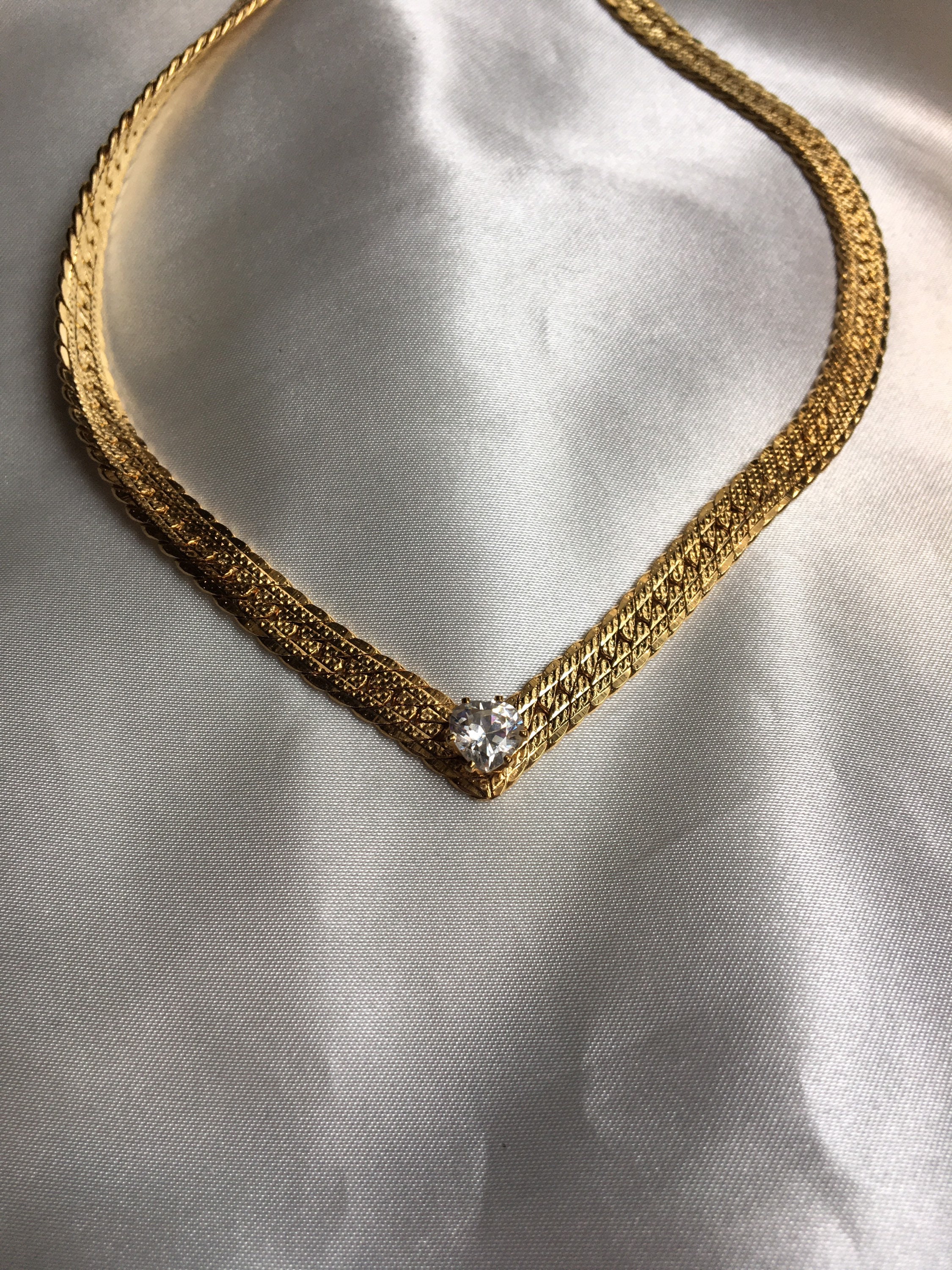 Vintage Gold Chevron V Herringbone Necklace with Heart Etsy