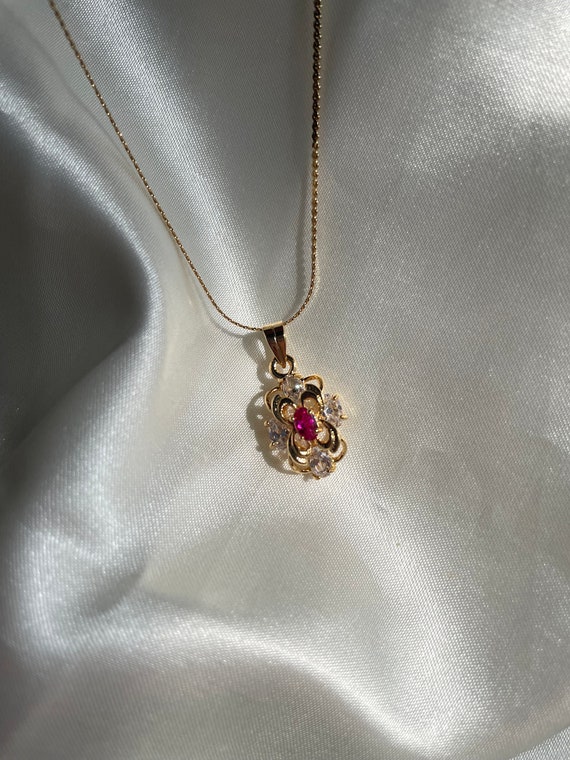 Vintage Gold Plated Pink Rhinestone Flower Neckla… - image 7