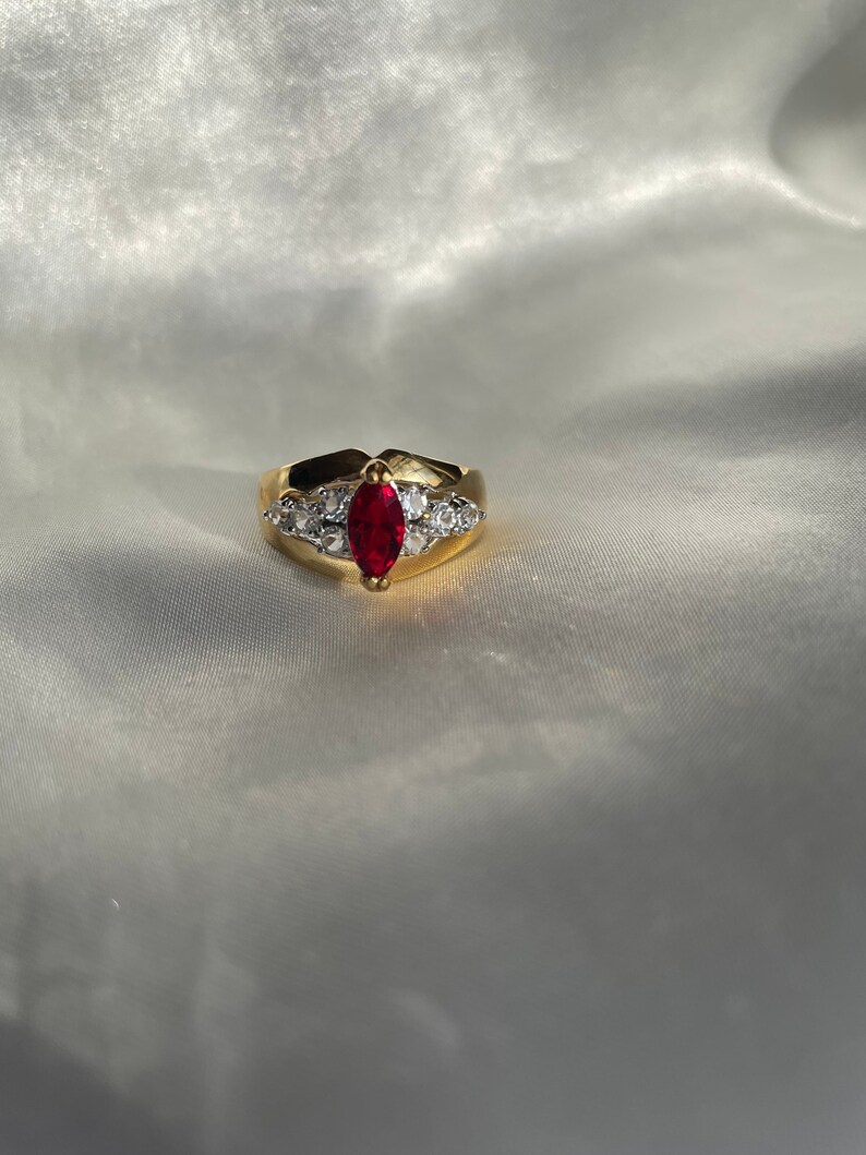 Chunky Vintage Gold Plated Red Rhinestone Ring, Vintage Cocktail Ring, Size 6, 9, 9.75, 10 image 2