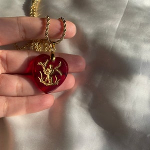 Gold Aquarius Glass Intaglio Heart Pendant Necklace, Vintage Zodiac Horoscope Pendant image 6