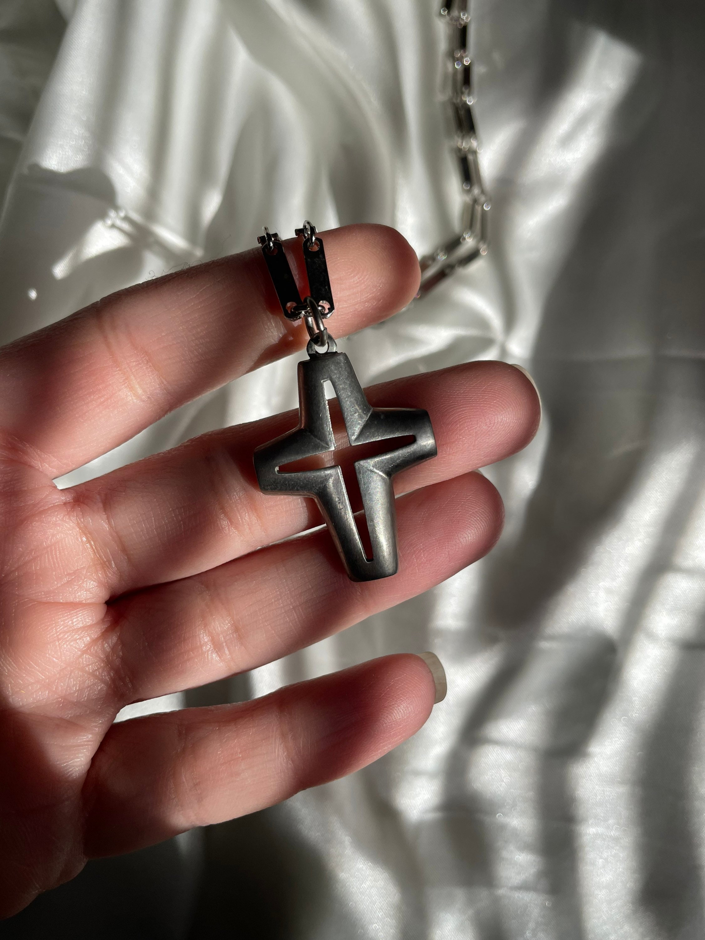 Vintage Silver Tone Pewter Cross Necklace, Retro Religious