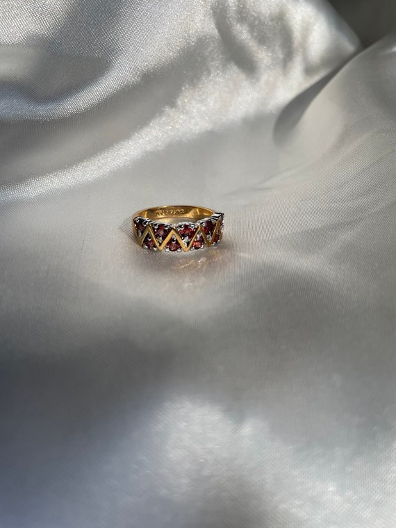 Vintage Gold Plated Red Rhinestone Ring, Retro Co… - image 1