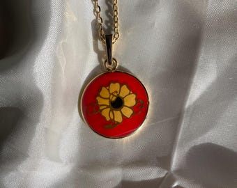 Vintage Gold Tone Red Yellow Flower Necklace, Retro Costume Jewelry