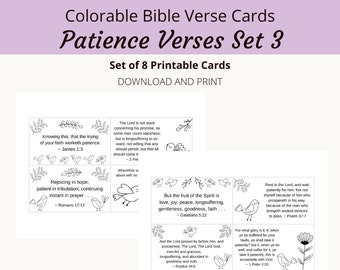 Patience Verses Bible Verse Cards | Set 3, 8 Verses | Colorable Bird Theme | Words of Faith Series | PDF, Letter size (8.5x11)