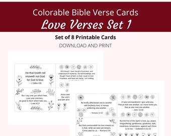 Love Verses Bible Verse Cards | Set 1, 8 Verses | Colorable Floral Theme | Words of Faith Series | PDF, Letter size (8.5x11)